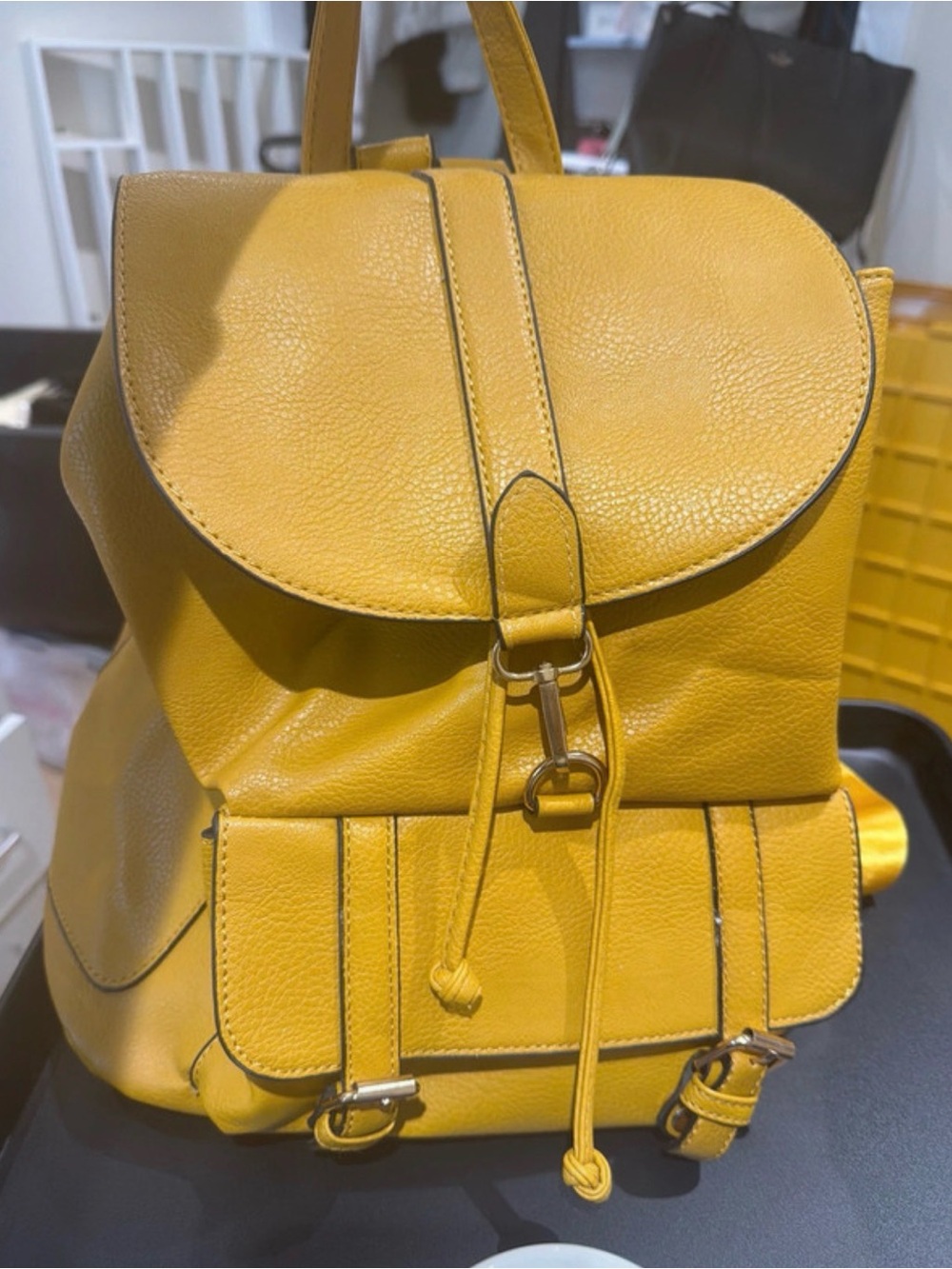 Yellow Leather Drawstring Backpack